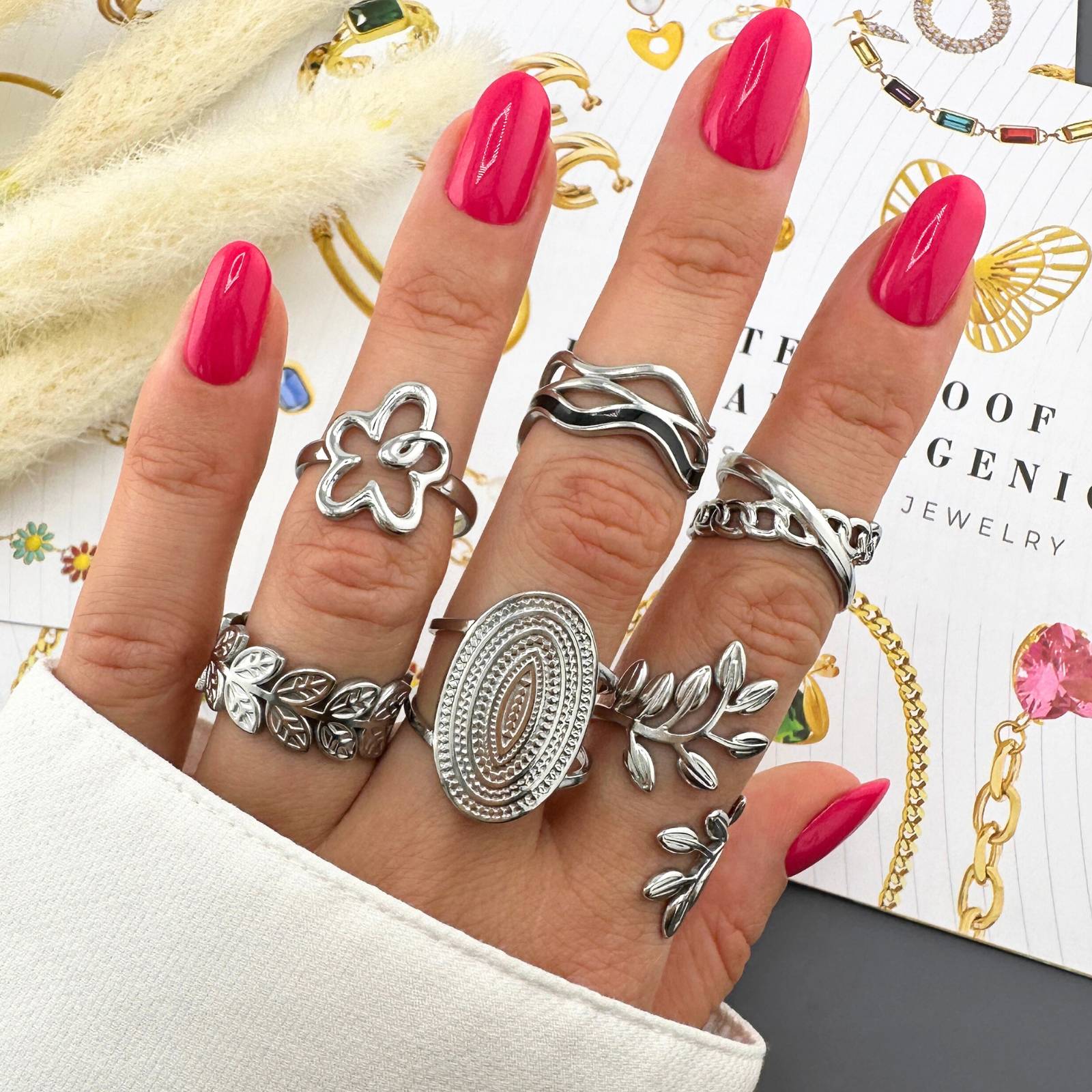 Silver Botanical Leaves Adjustable Ring | Stainless Steel
