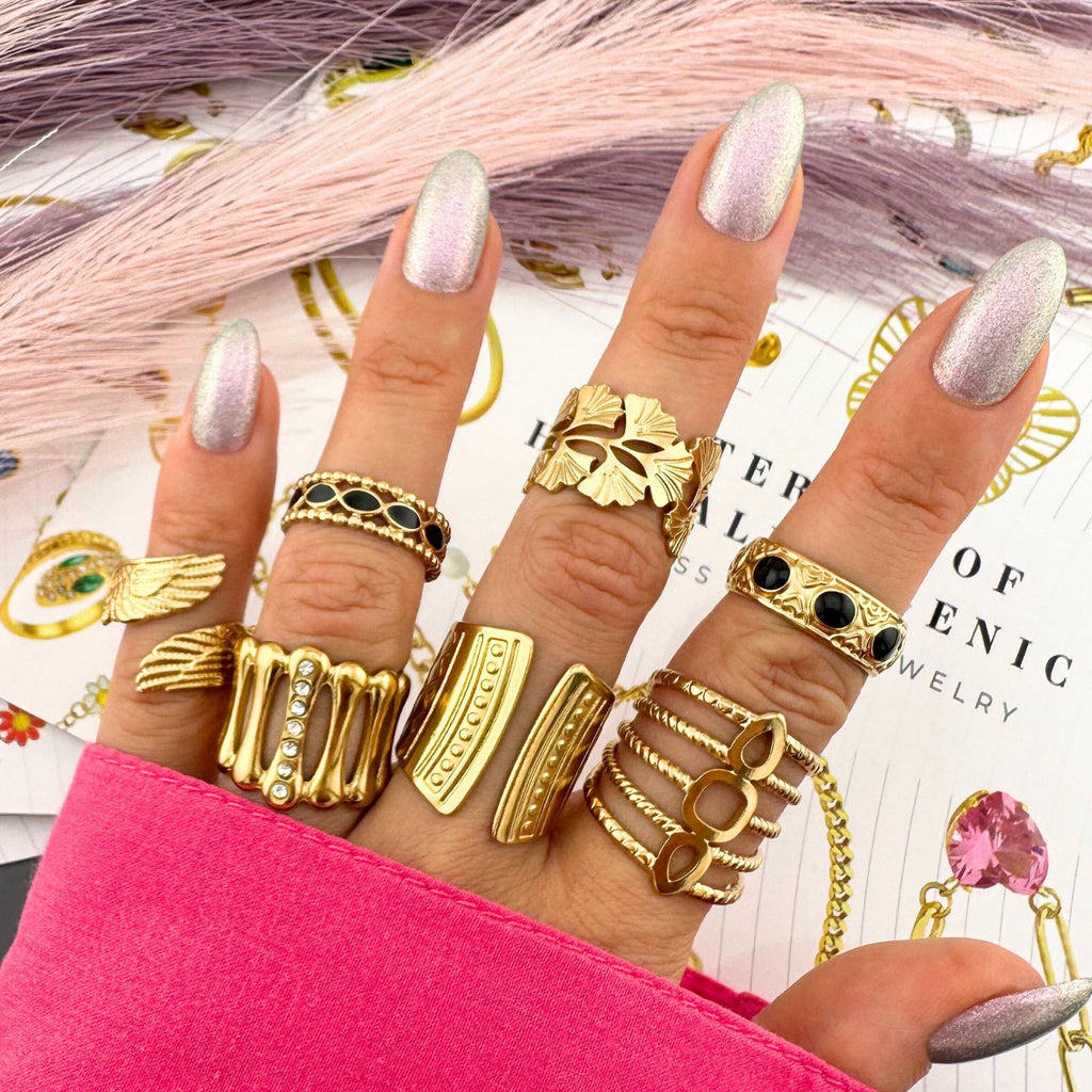 18K gold plated stainless steel adjustable rings.