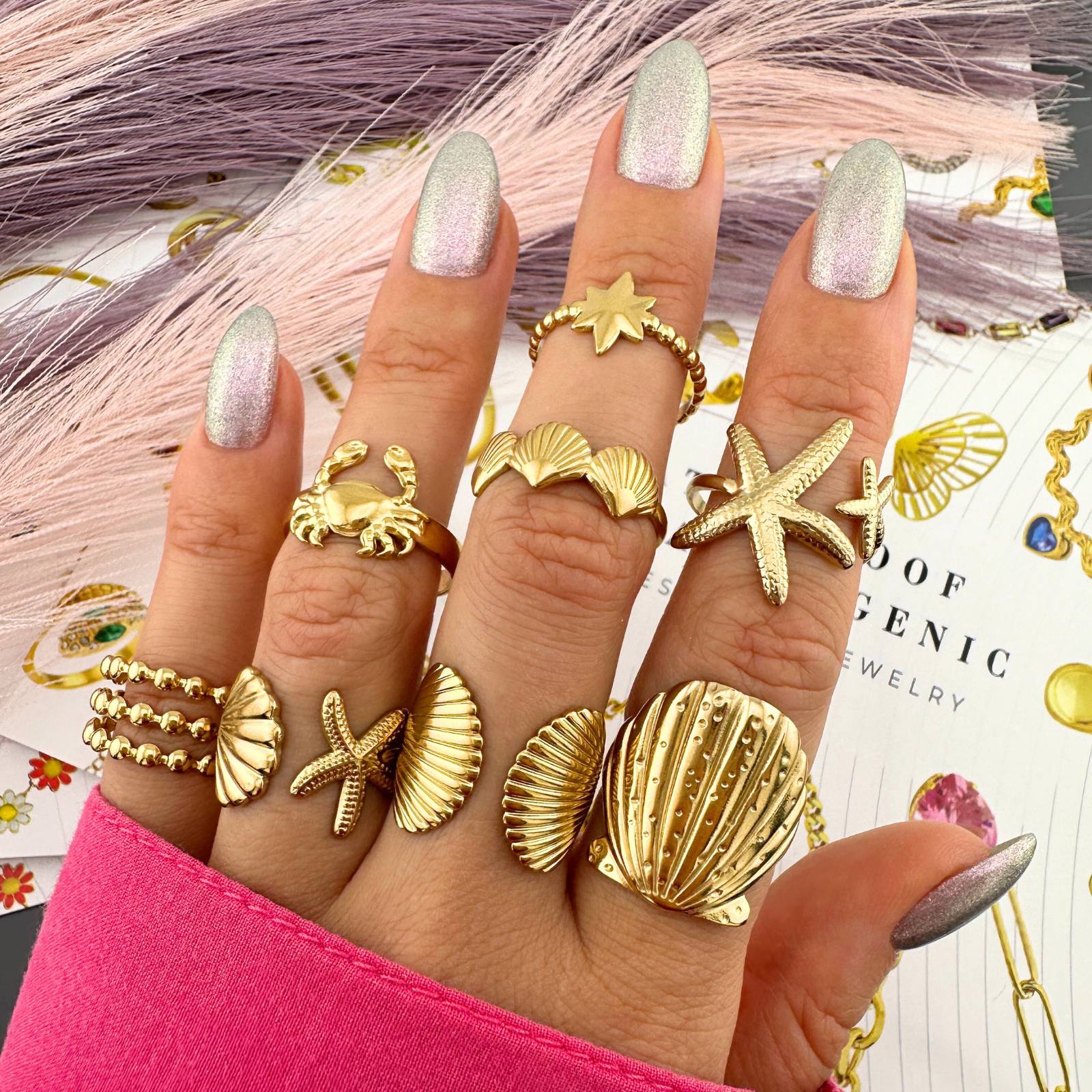 Multi-row gold beaded adjustable ring crafted from 18K gold-plated stainless steel and other designed rings.