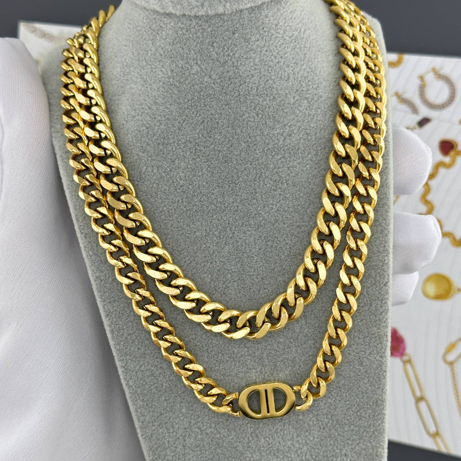 Layered Gold-plated stainless steel signature link necklace with a modern chain design and polished centerpiece accent.