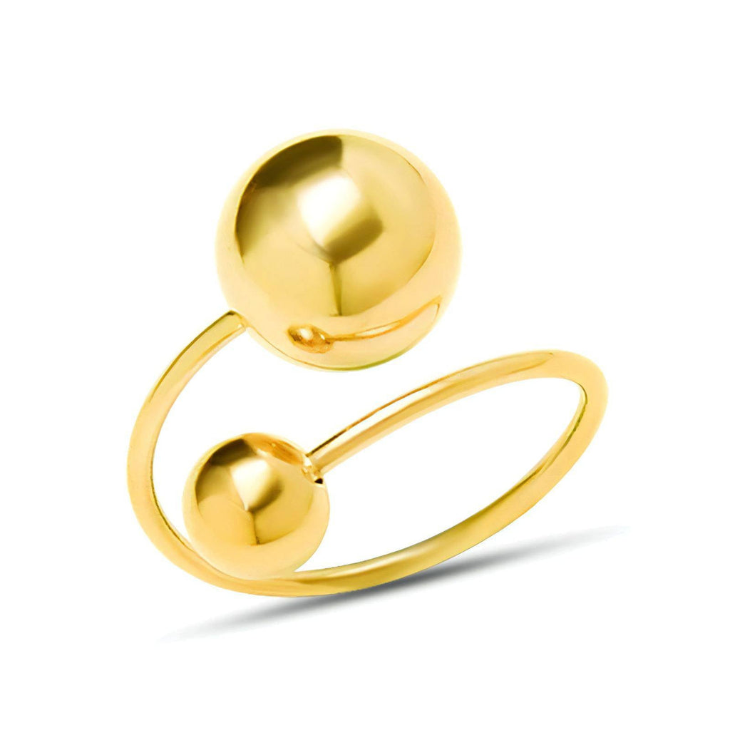 18K gold plated stainless steel adjustable ring featuring a modern open-band design with polished gold sphere accents.