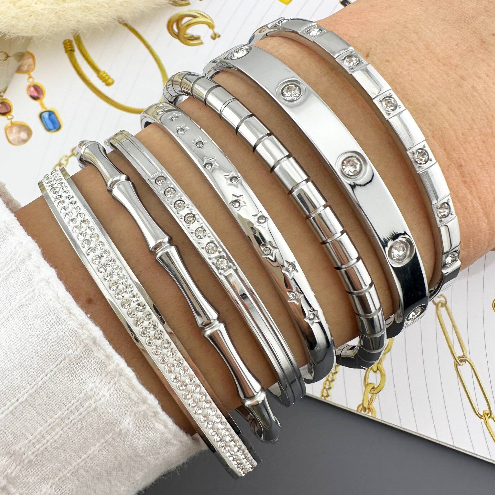 Multiple Stainless steel bangle bracelets.