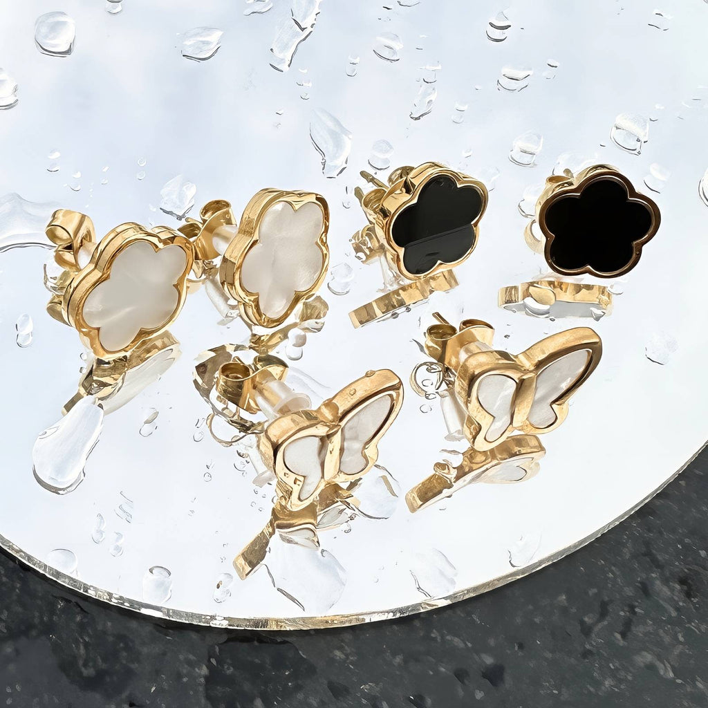18K gold plated stainless steel butterfly and flower stud earrings.