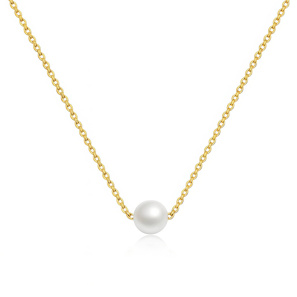 Minimalist pearl pendant necklace in 18K gold-plated stainless steel.