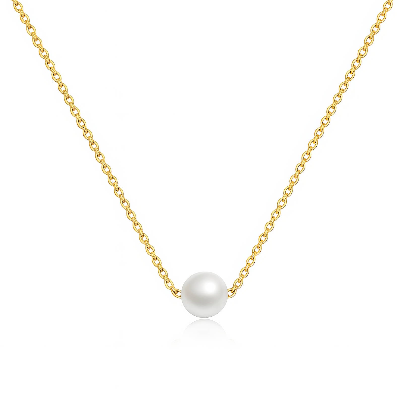 Minimalist pearl pendant necklace in 18K gold-plated stainless steel.