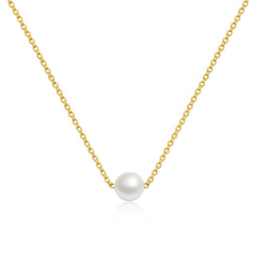 Minimalist pearl pendant necklace in 18K gold-plated stainless steel.