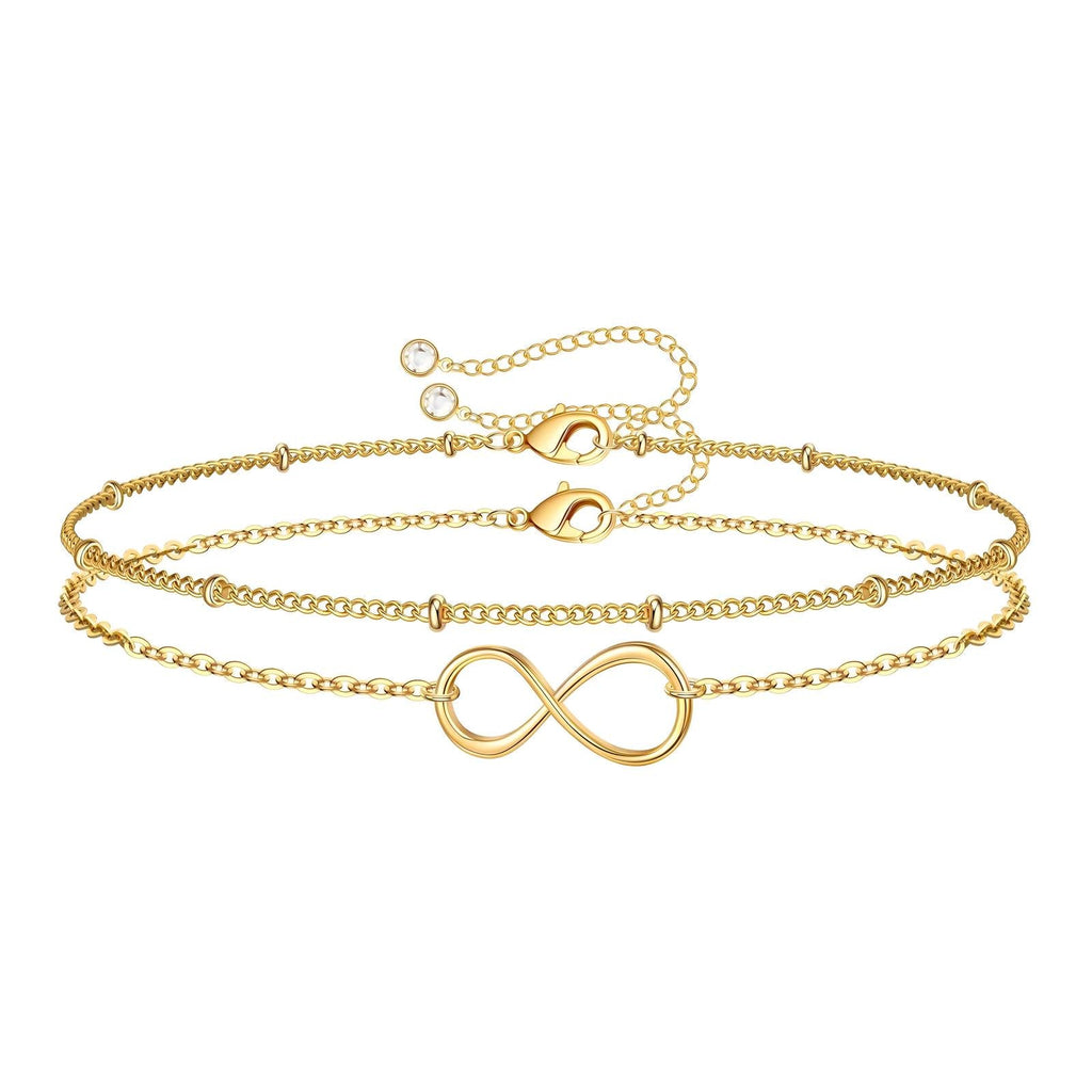 18K gold plated stainless steel infinity bracelet featuring a delicate double-chain design and adjustable fit.