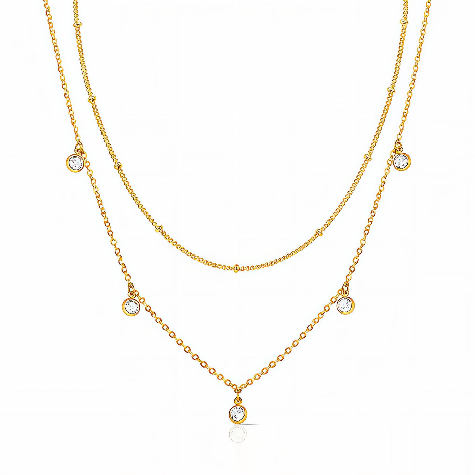 Layered gold necklace with delicate cubic zirconia charms in 18K gold-plated stainless steel.