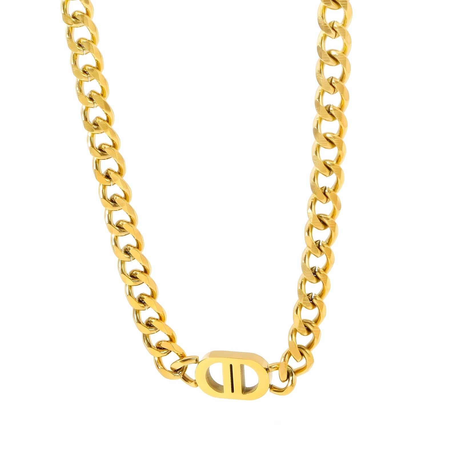 Gold-plated stainless steel signature link necklace with a modern chain design and polished centerpiece accent.