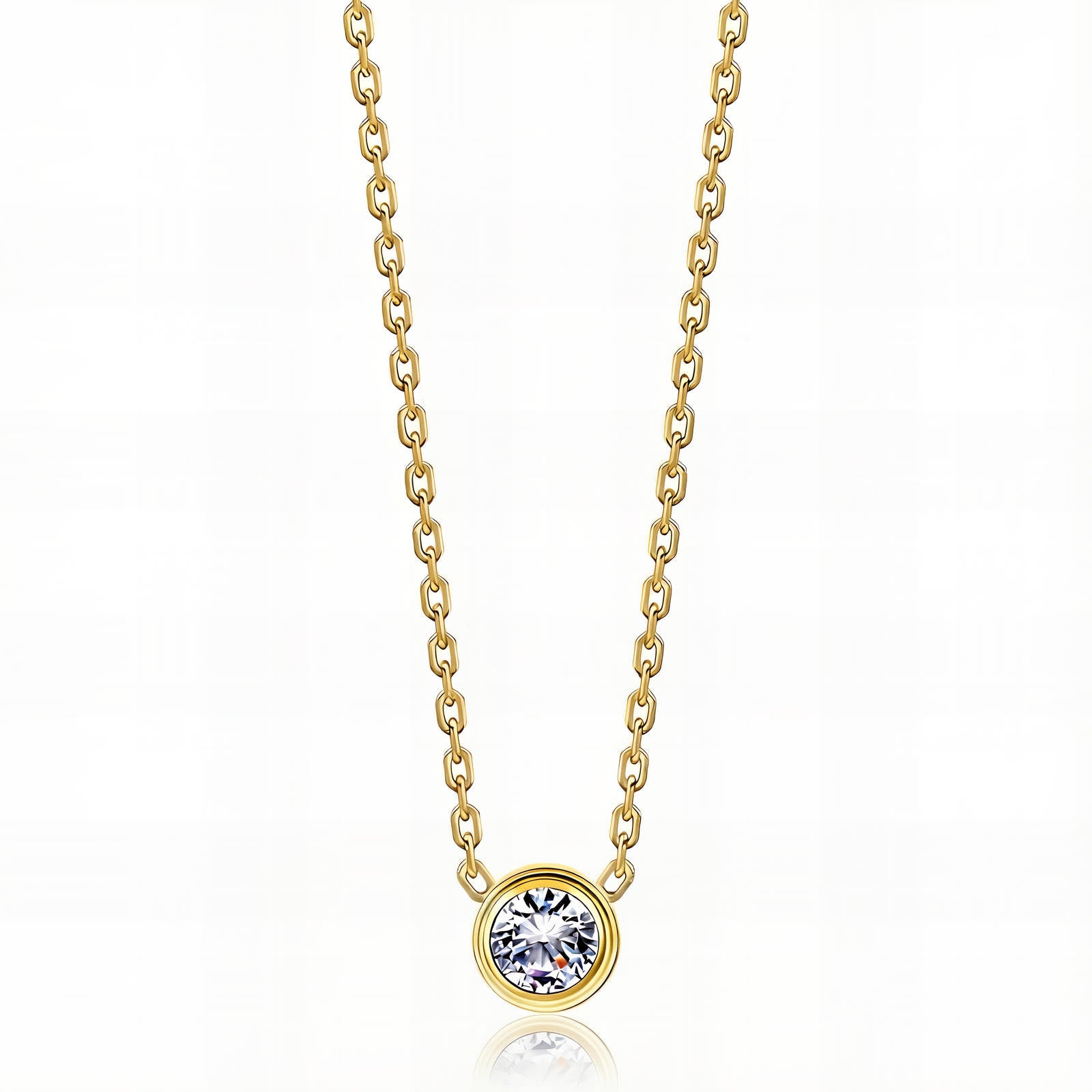 Minimalist solitaire cubic zirconia necklace in 18K gold-plated stainless steel.
