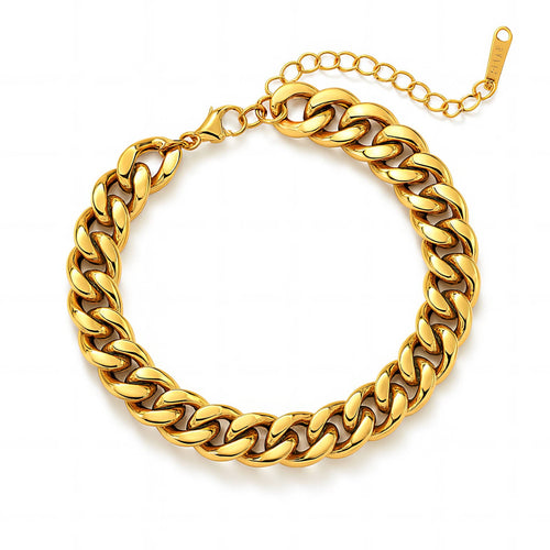 18K gold plated stainless steel chunky Cuban link bracelet featuring a bold chain design and adjustable fit.