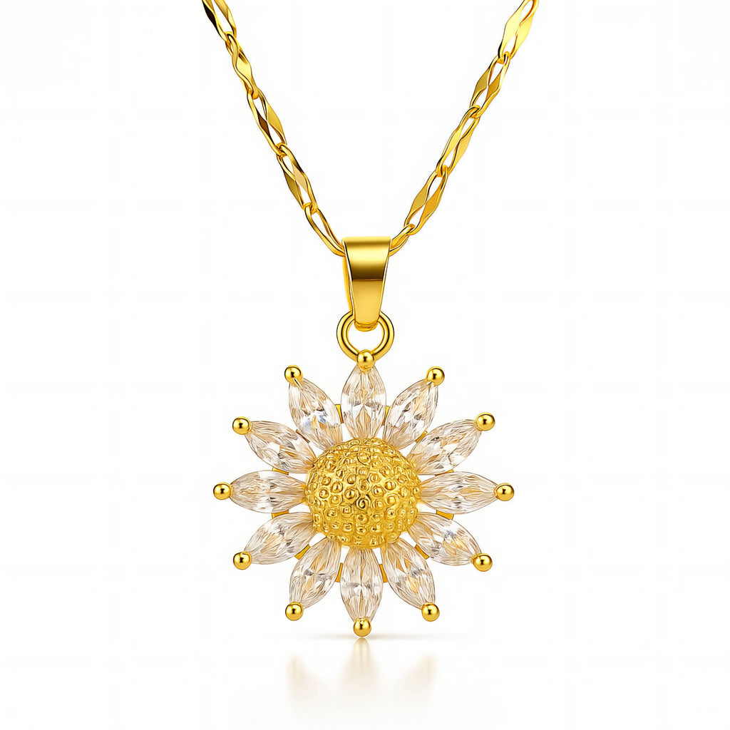 Sunflower-inspired pendant necklace with cubic zirconia stones in 18K gold-plated stainless steel.