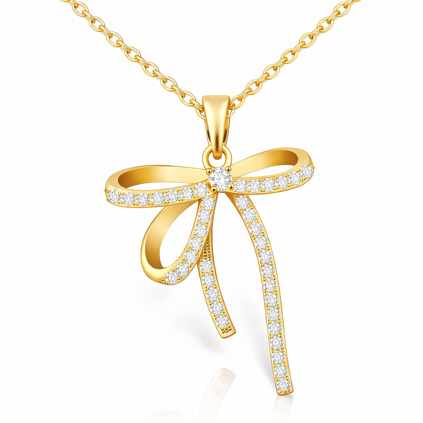 Crystal bow pendant necklace in 18K gold-plated stainless steel with sparkling cubic zirconia stones.