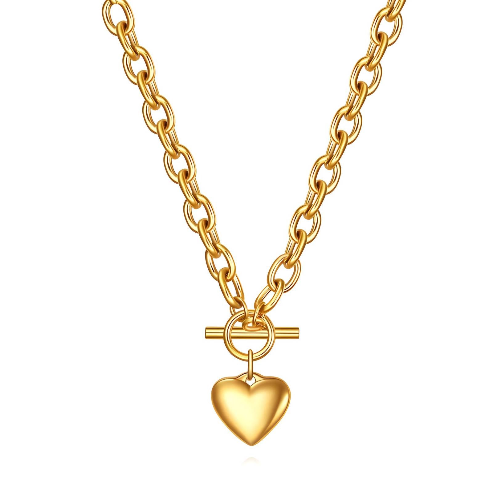 18K gold-plated stainless steel heart necklace with chunky chain and toggle clasp closure.