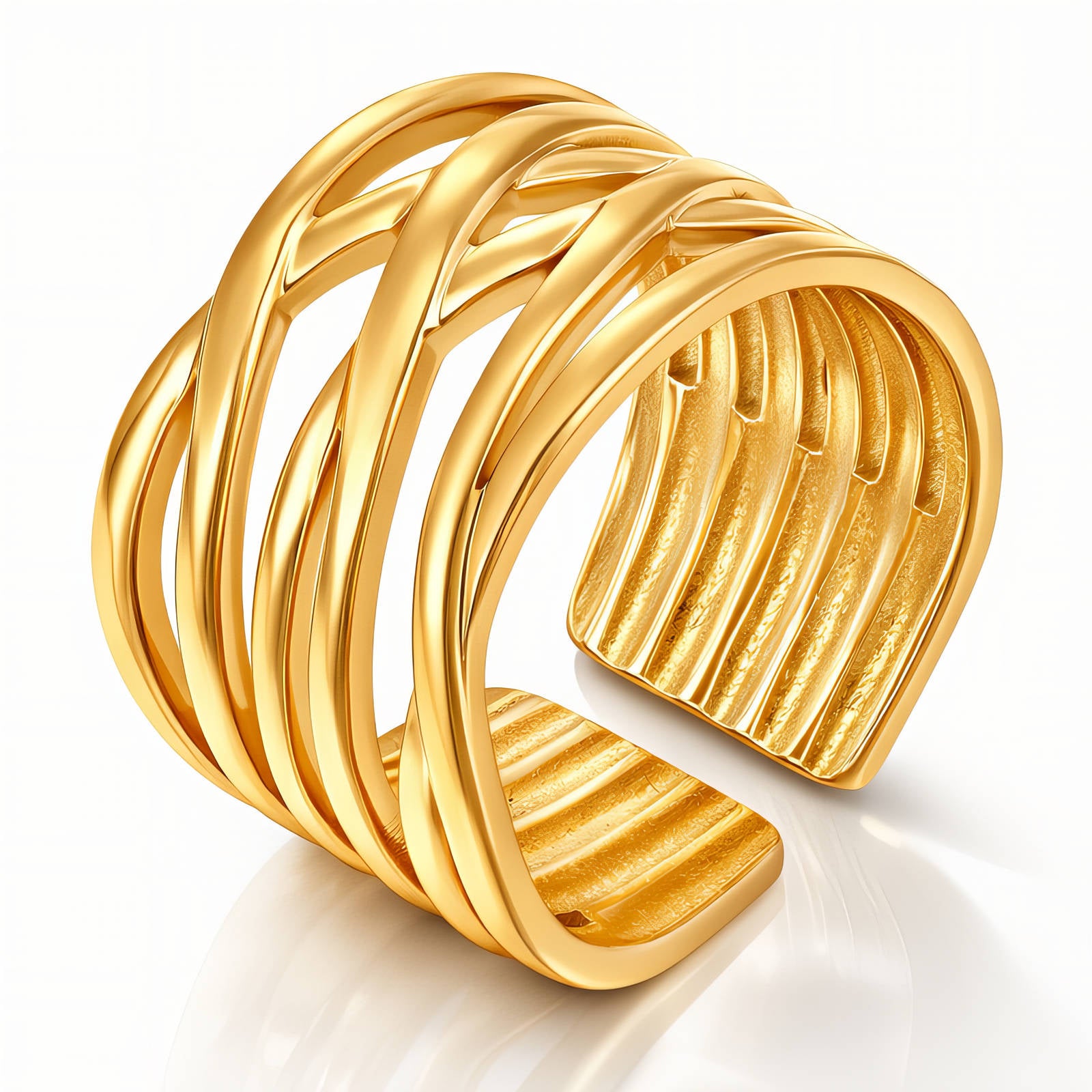 18K gold plated stainless steel adjustable statement ring featuring an openwork wave-inspired design.