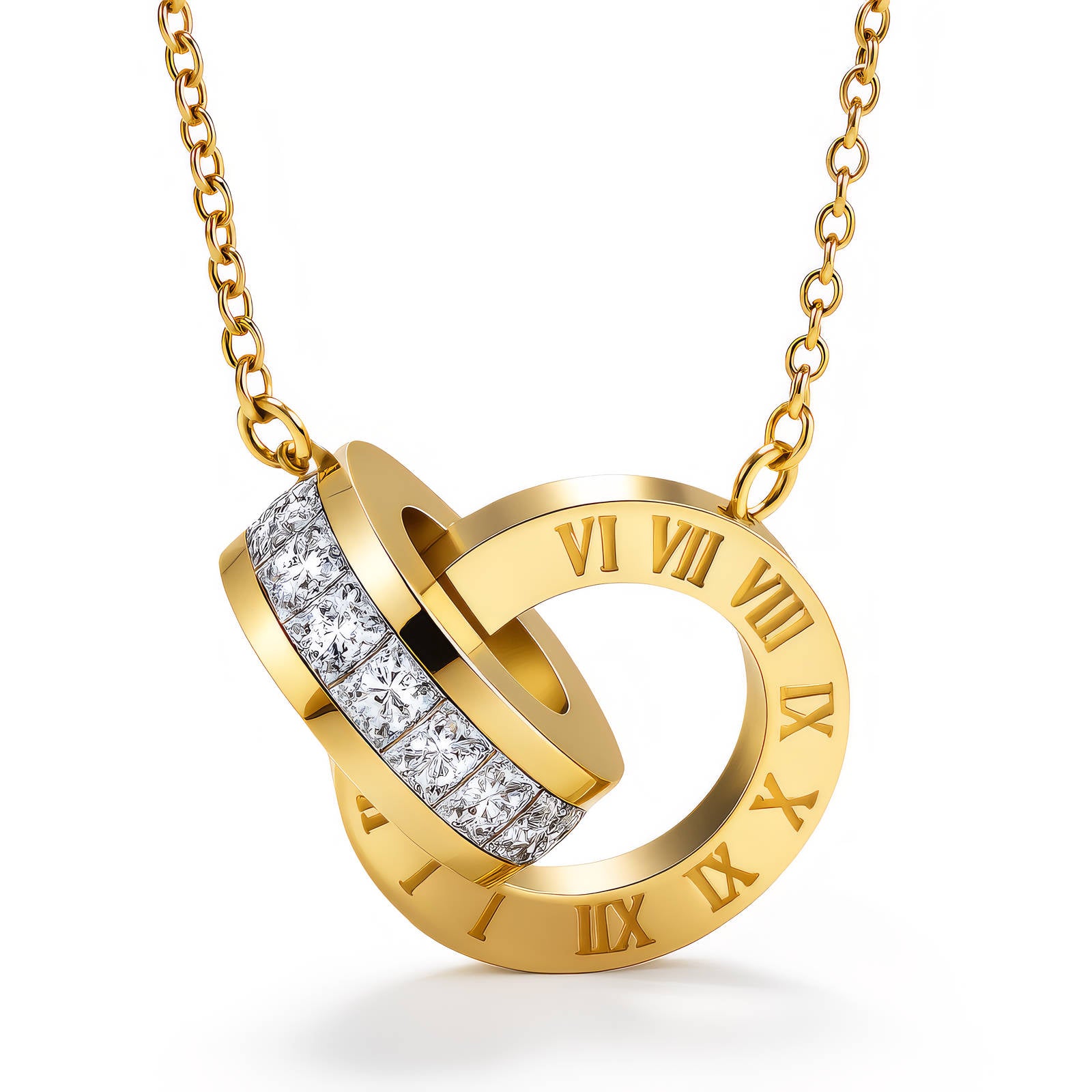 Interlocking circle necklace with Roman numeral detailing and cubic zirconia accents in 18K gold-plated stainless steel.