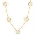 Mother of pearl flower necklace with five floral charms in 18K gold-plated stainless steel.