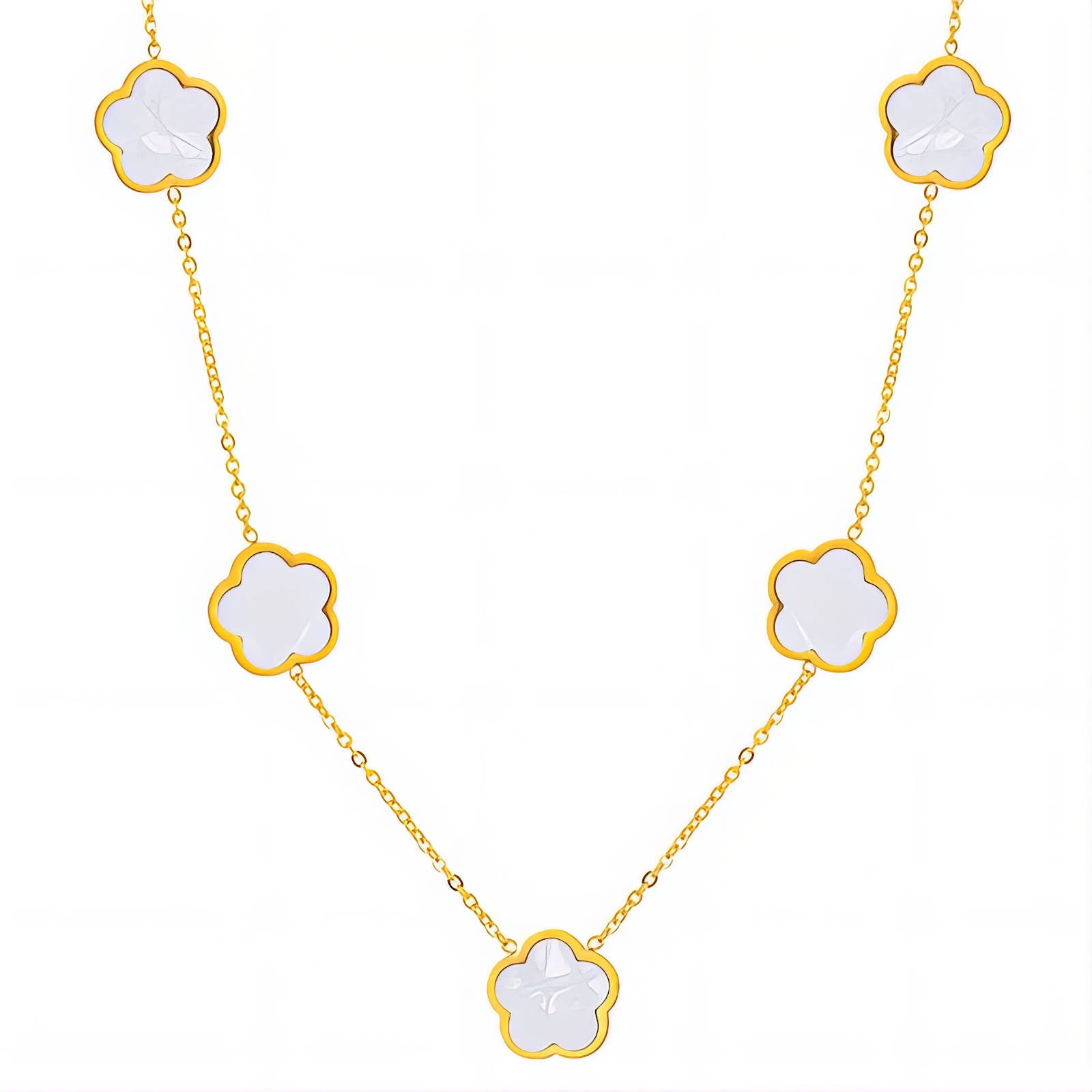 Mother of pearl flower necklace with five floral charms in 18K gold-plated stainless steel.