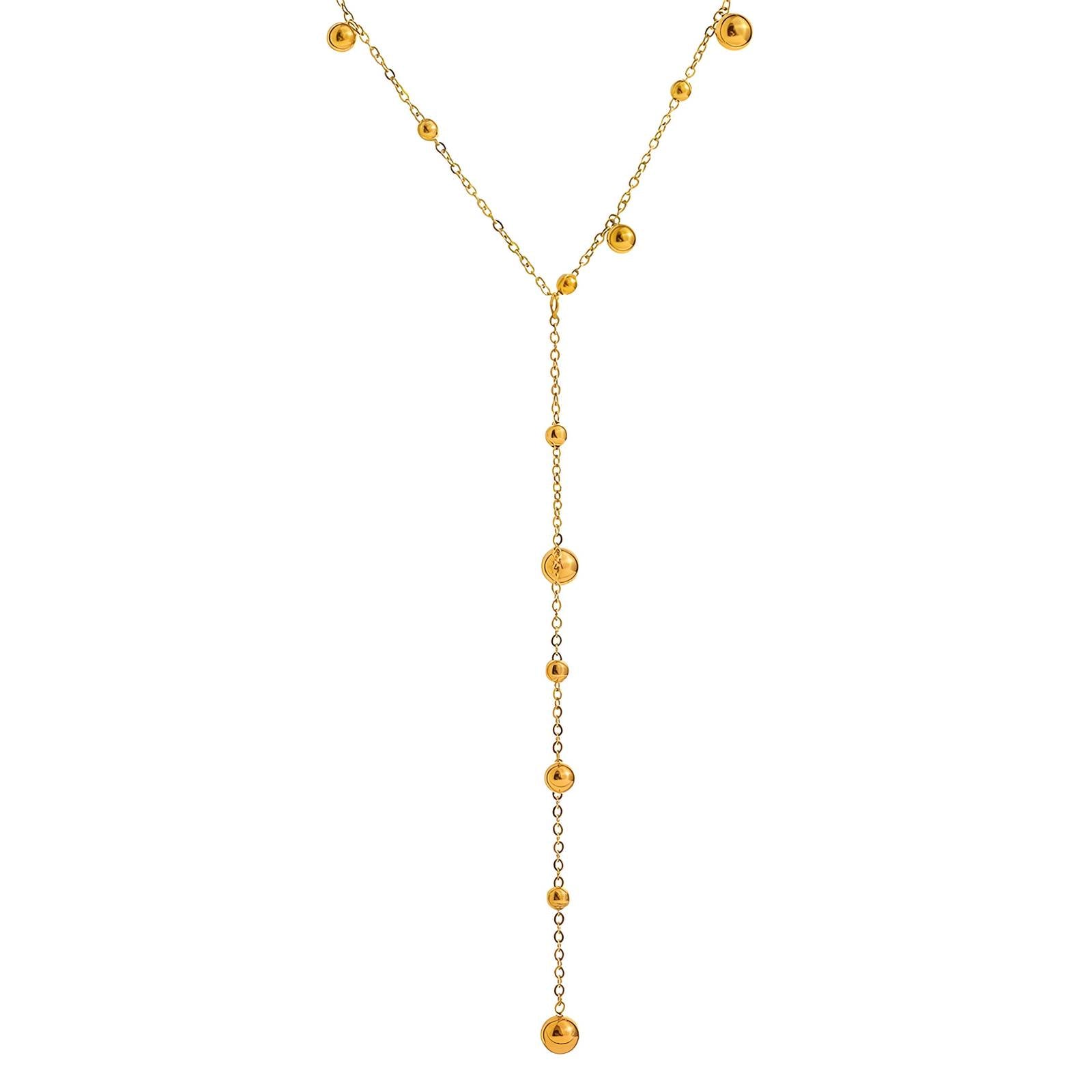 18K gold-plated stainless steel lariat necklace with delicate gold bead accents and cascading drop design.