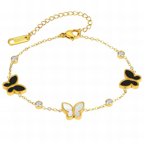 18K gold plated stainless steel butterfly charm bracelet featuring cubic zirconia accents and an adjustable chain design.