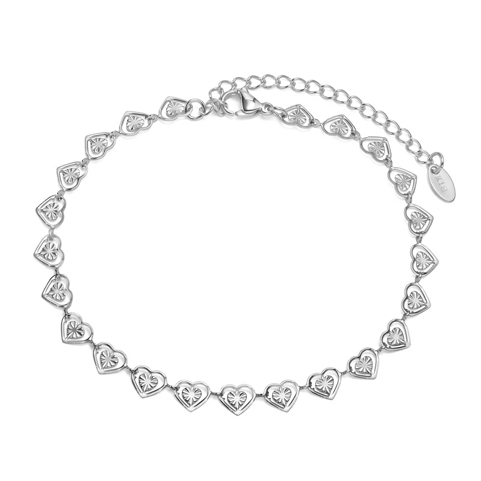Stainless steel bracelet featuring delicate open heart charms with an adjustable chain design.