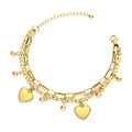 18K gold plated stainless steel bracelet featuring layered chains and dangling heart charms.