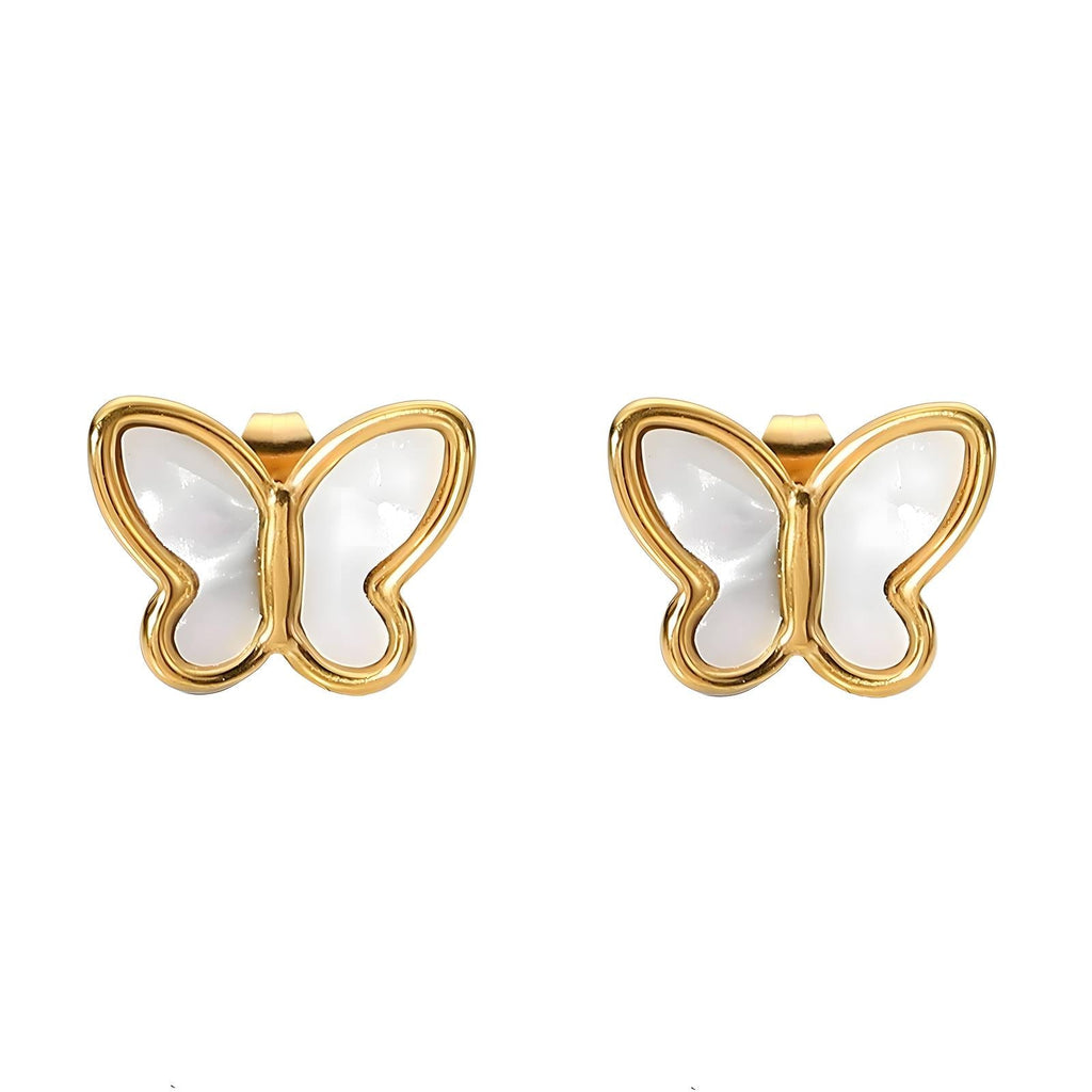 18K gold plated stainless steel butterfly stud earrings featuring a minimalist open butterfly design.