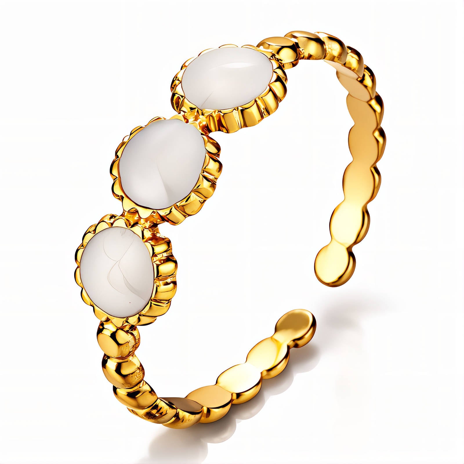 18K gold plated stainless steel adjustable ring featuring three white enamel stones on a textured gold band.