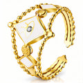 18K gold plated stainless steel adjustable evil eye ring featuring enamel details and a sparkling cubic zirconia accent.