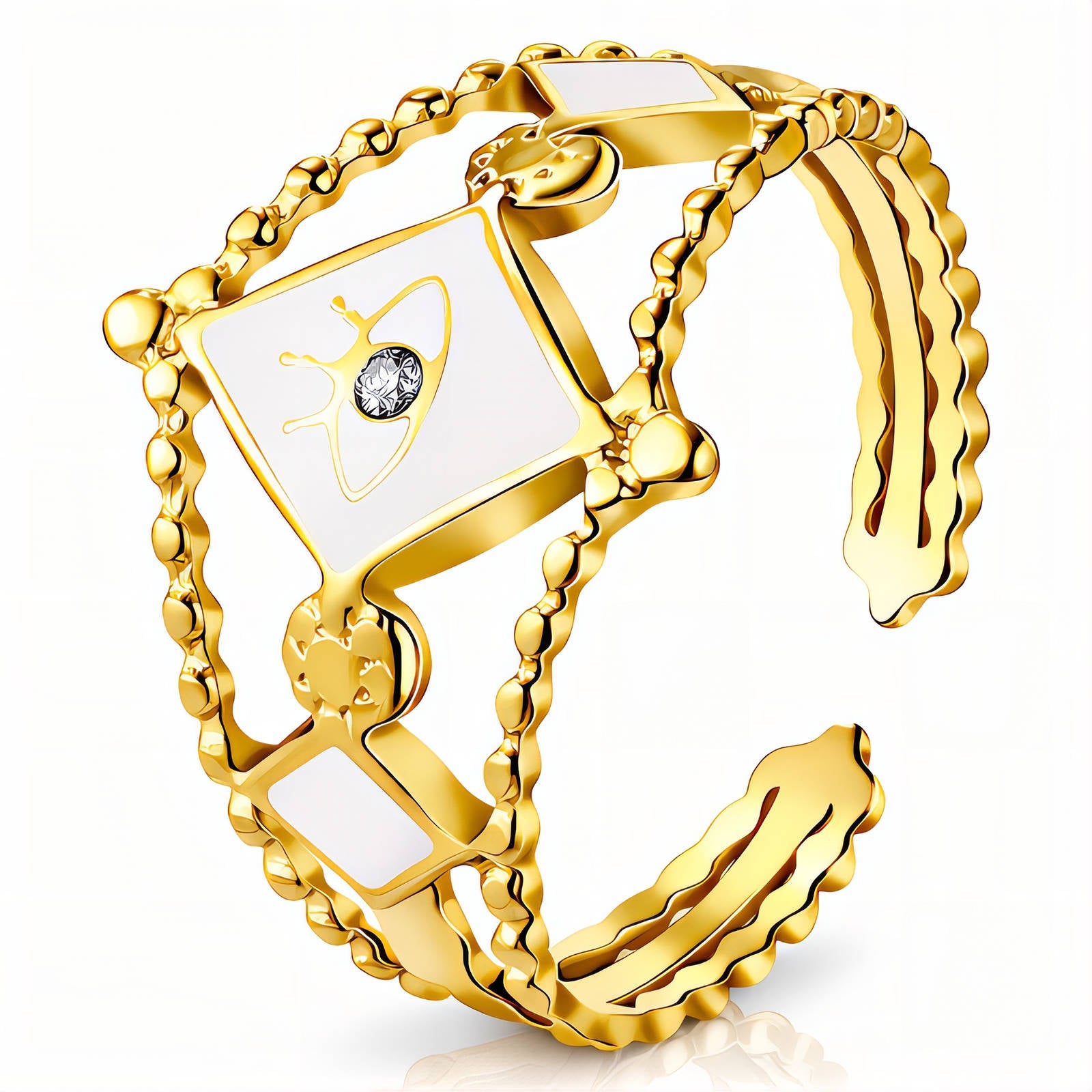 18K gold plated stainless steel adjustable evil eye ring featuring enamel details and a sparkling cubic zirconia accent.
