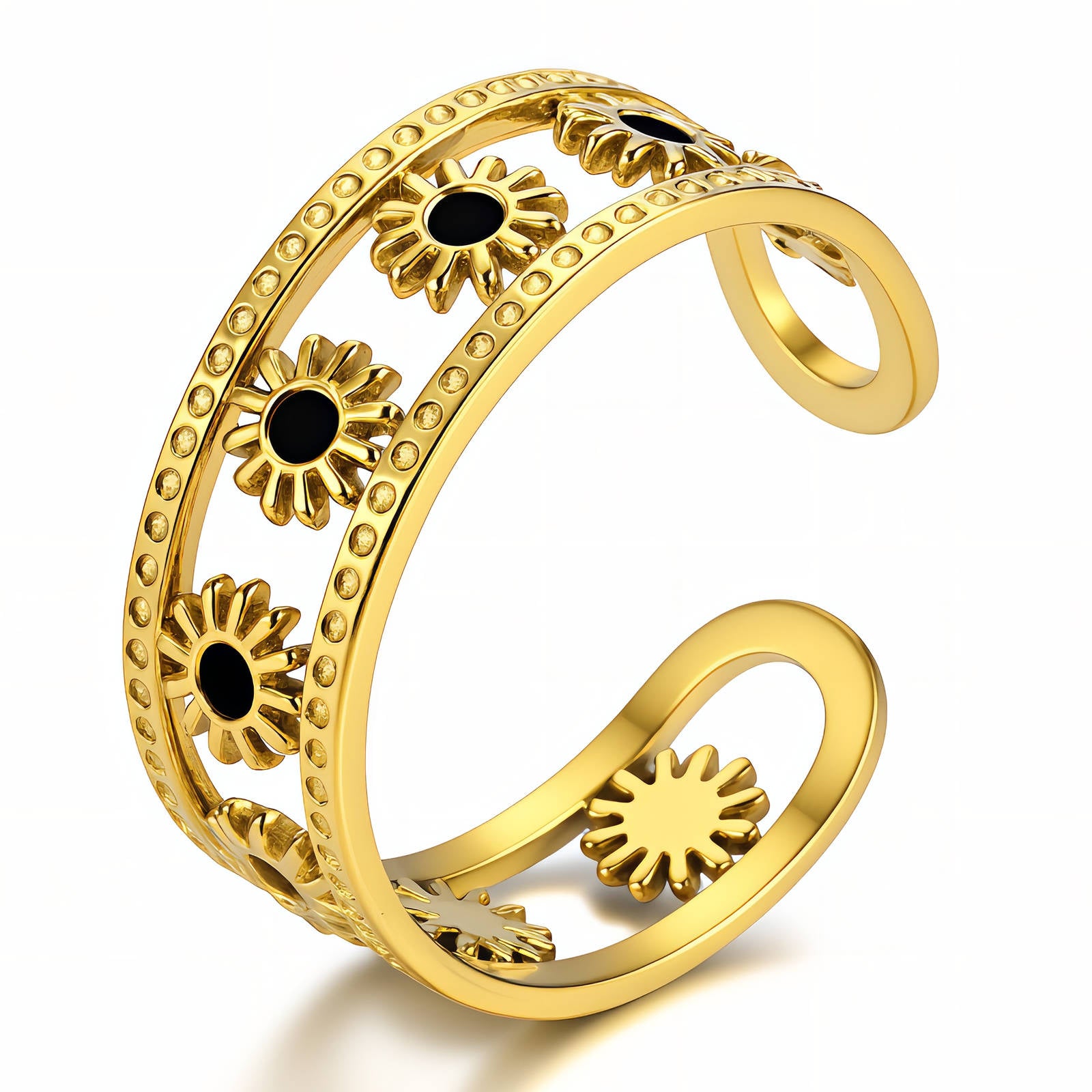 18K gold plated stainless steel adjustable ring featuring black enamel floral accents in an open band design.