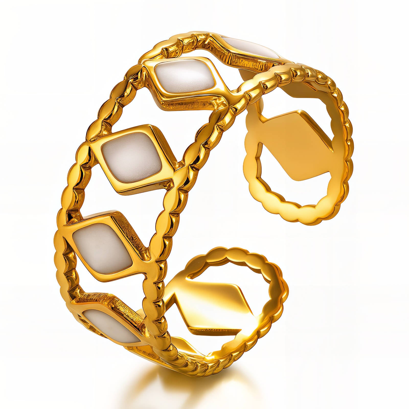 18K gold plated stainless steel adjustable ring featuring an open geometric design with white enamel accents.