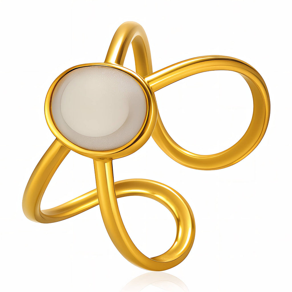 18K gold plated stainless steel adjustable ring featuring an abstract loop design with a white enamel centerpiece.