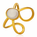 18K gold plated stainless steel adjustable ring featuring an abstract loop design with a white enamel centerpiece.