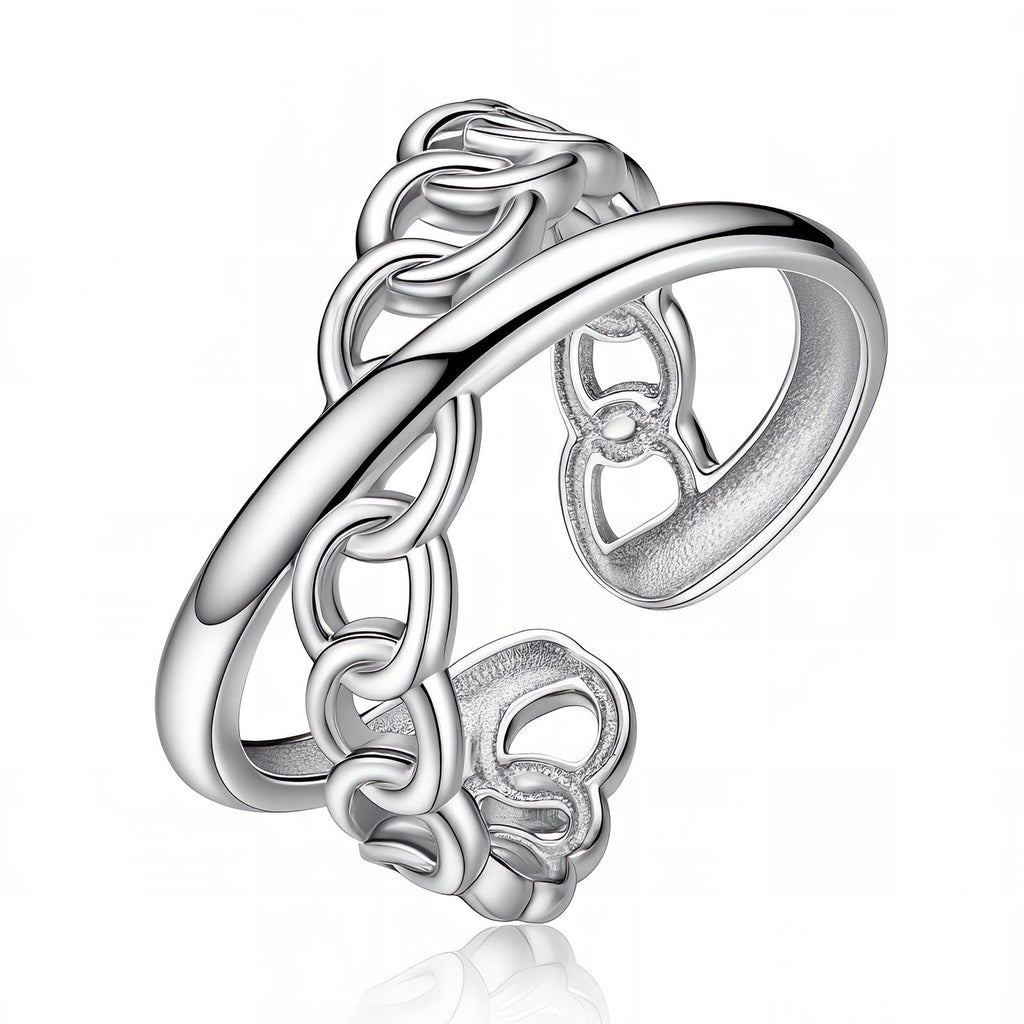 Polished stainless steel adjustable ring featuring a modern chain-link inspired design with an open-band silhouette.
