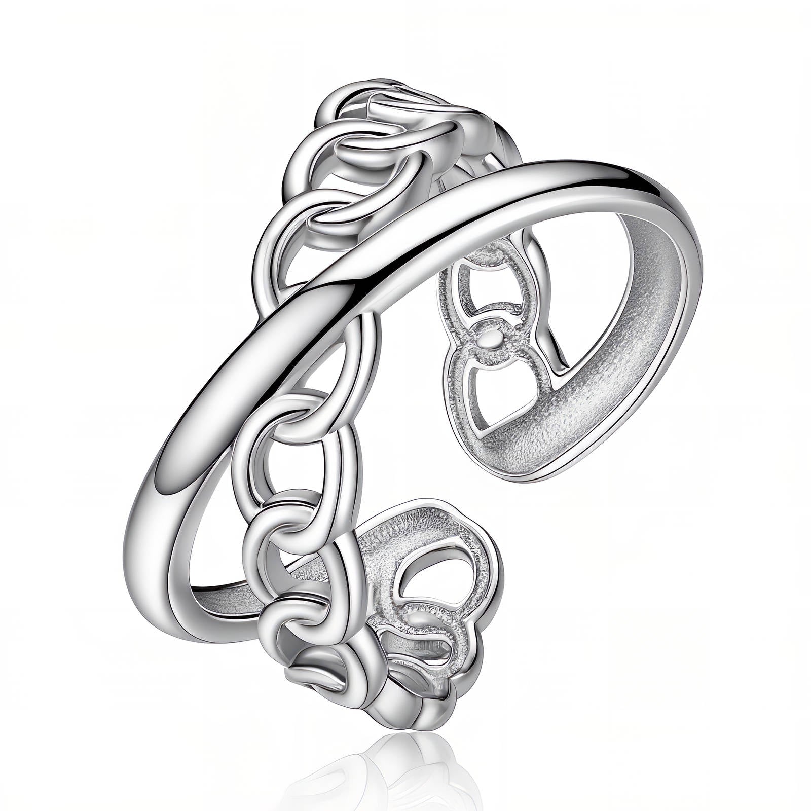 Polished stainless steel adjustable ring featuring a modern chain-link inspired design with an open-band silhouette.