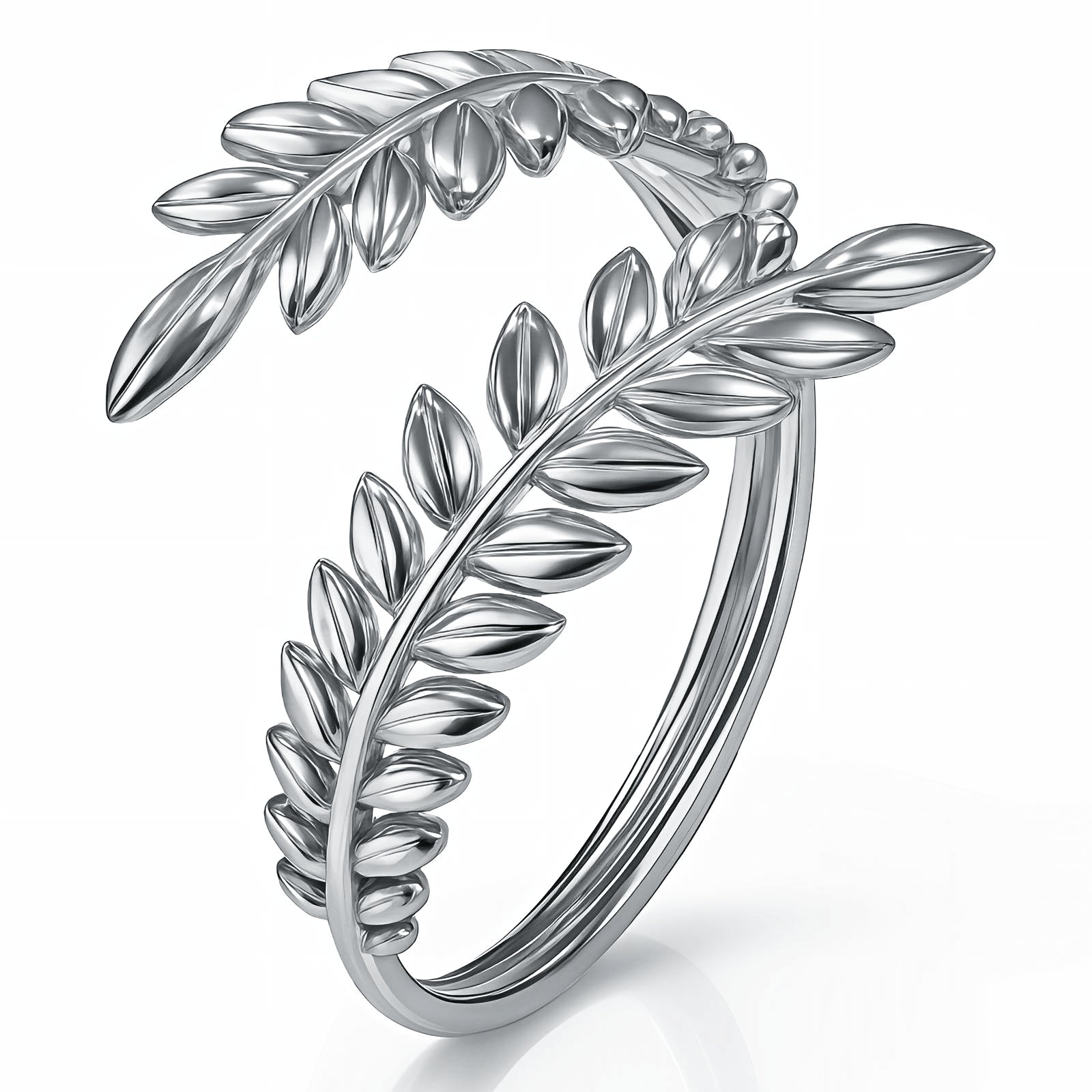 Polished stainless steel adjustable ring featuring an elegant wrap-around leaf design with detailed botanical accents.