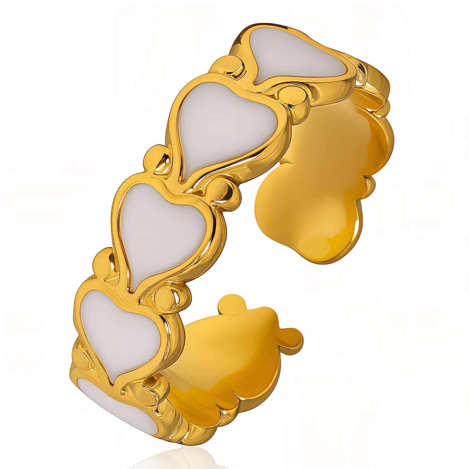 18K gold plated stainless steel adjustable ring featuring white enamel heart accents in a romantic open-band design.