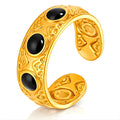 18K gold plated stainless steel adjustable ring featuring elegant black enamel accents and intricate detailing.