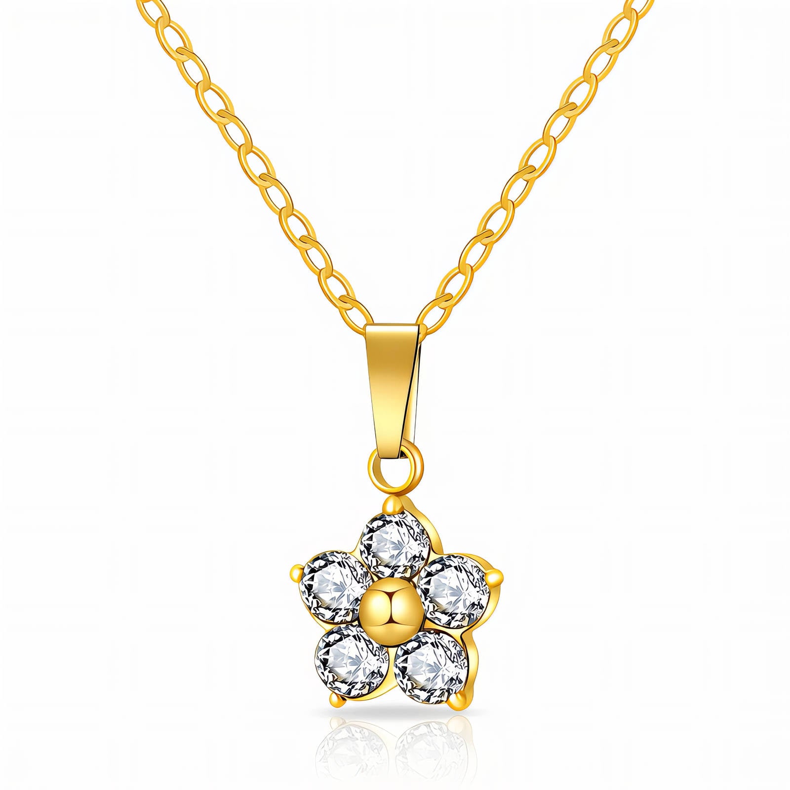 Daisy flower pendant necklace with sparkling cubic zirconia stones in 18K gold-plated stainless steel.