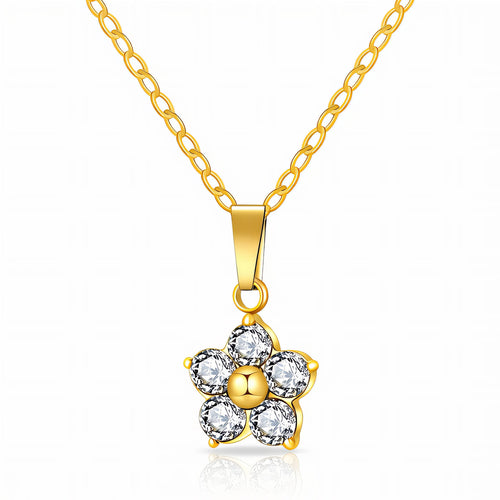 Daisy flower pendant necklace with sparkling cubic zirconia stones in 18K gold-plated stainless steel.