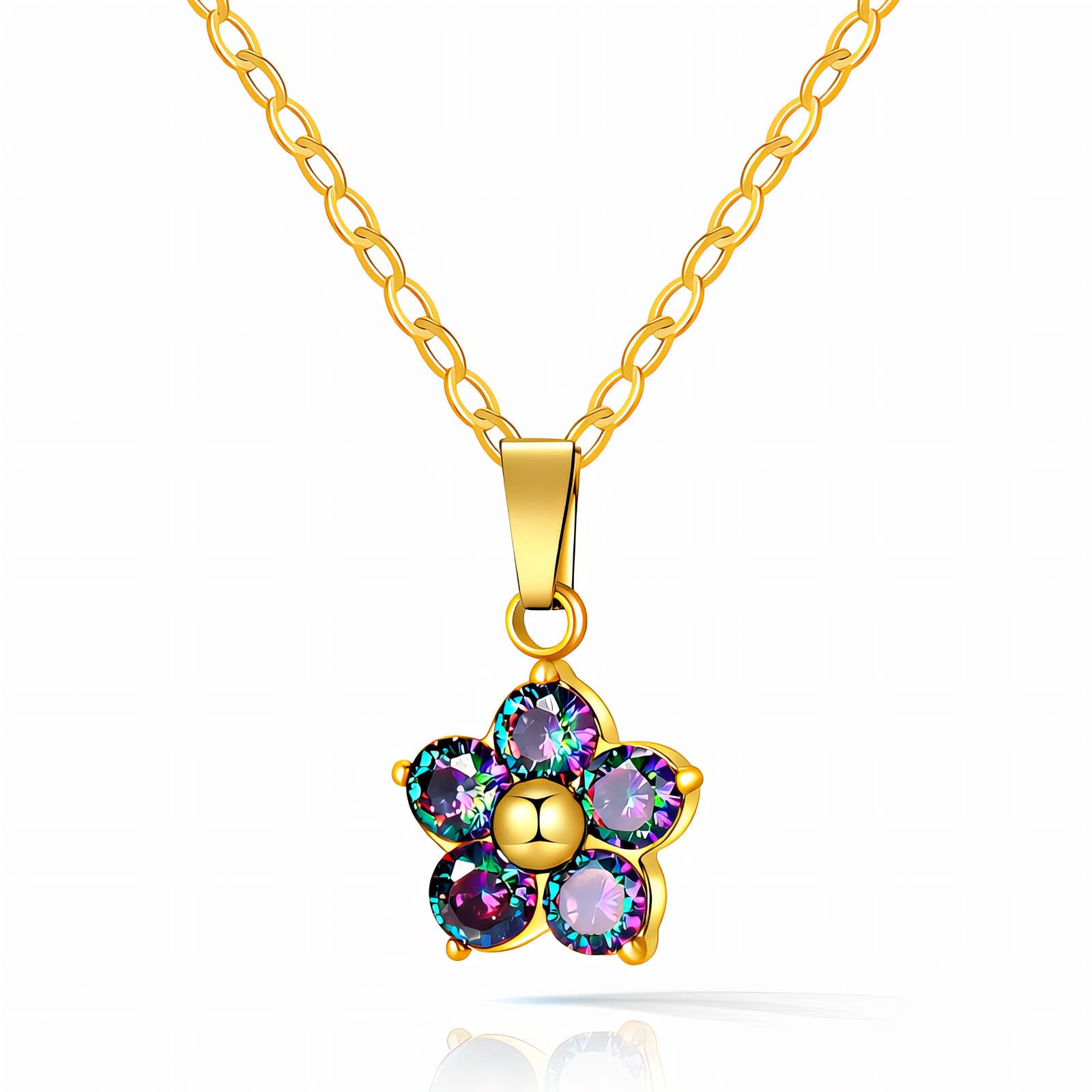 Rainbow flower pendant necklace with multicolor cubic zirconia stones in 18K gold-plated stainless steel.