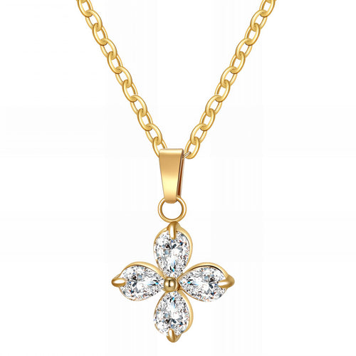 Crystal flower pendant necklace in 18K gold-plated stainless steel with sparkling cubic zirconia stones.