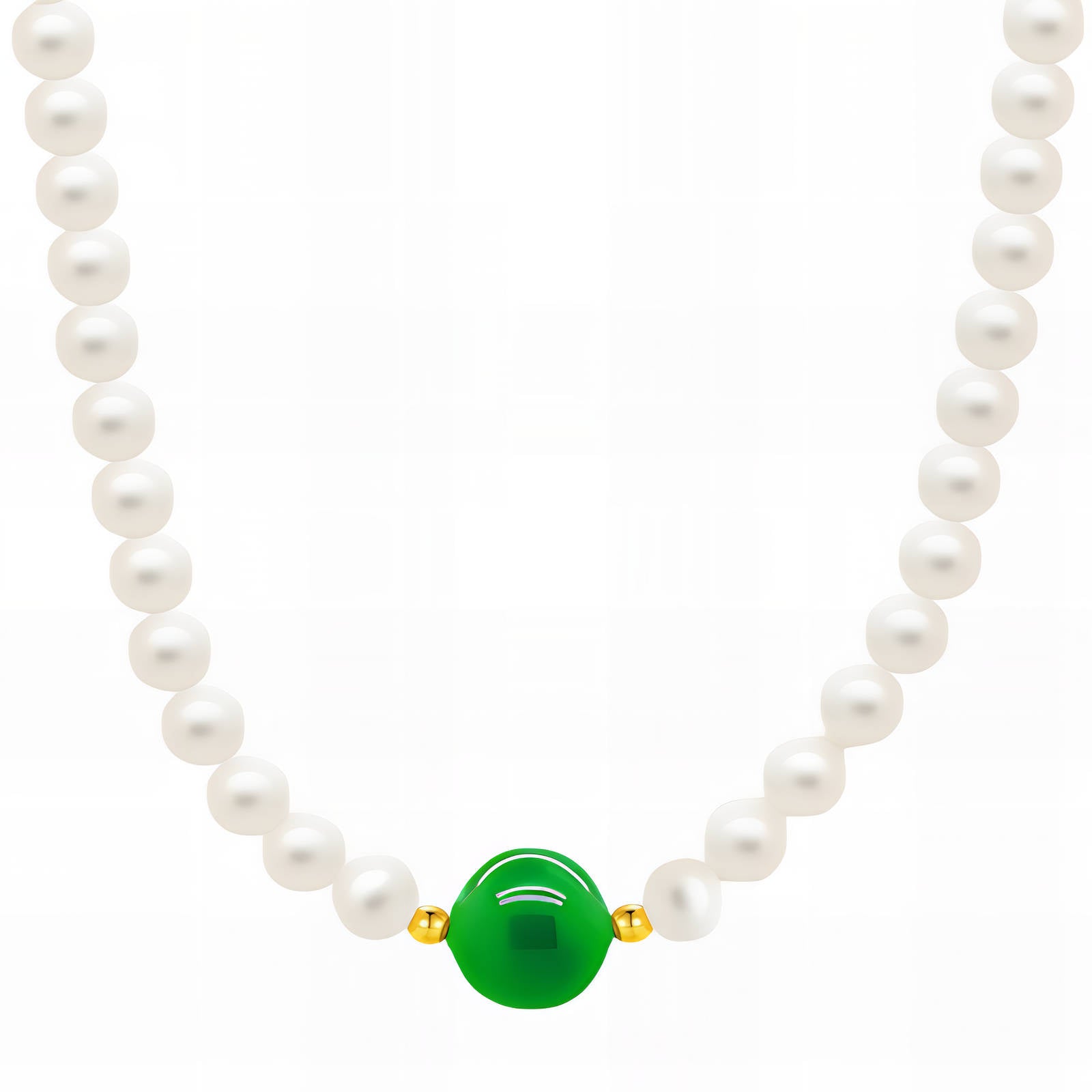 Pearl necklace with emerald green centerpiece crafted from 18K gold-plated stainless steel.