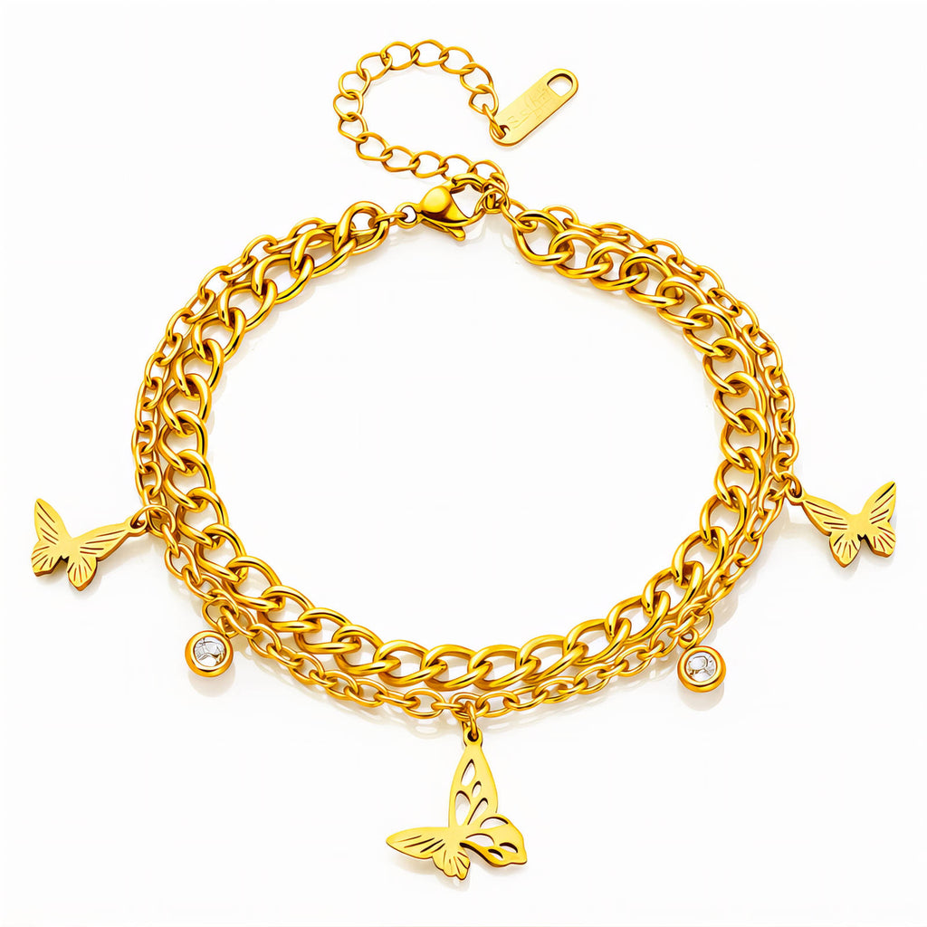 18K gold plated stainless steel butterfly bracelet featuring layered chains and sparkling cubic zirconia accents.