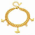 18K gold plated stainless steel butterfly bracelet featuring layered chains and sparkling cubic zirconia accents.