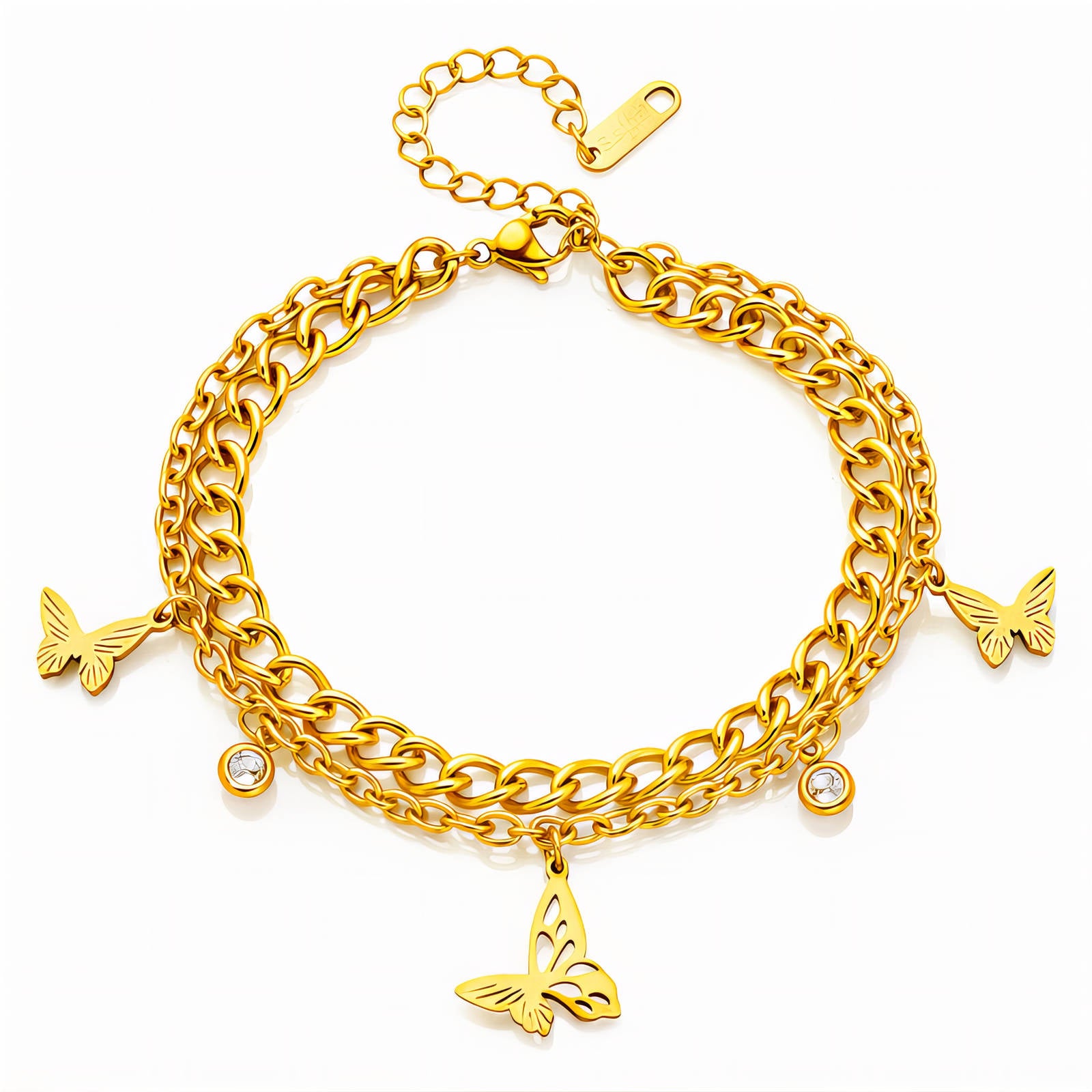 18K gold plated stainless steel butterfly bracelet featuring layered chains and sparkling cubic zirconia accents.