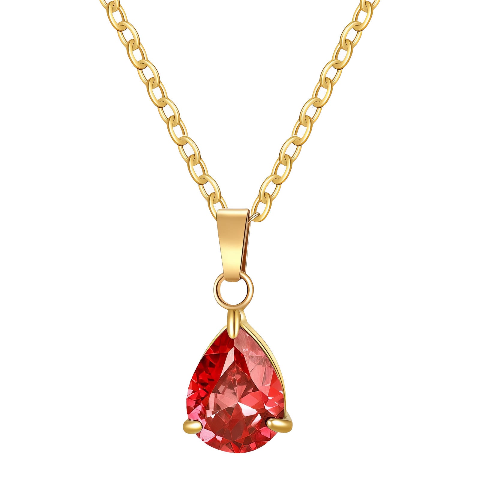 Gold necklace featuring a red teardrop cubic zirconia pendant crafted from waterproof hypoallergenic stainless steel.