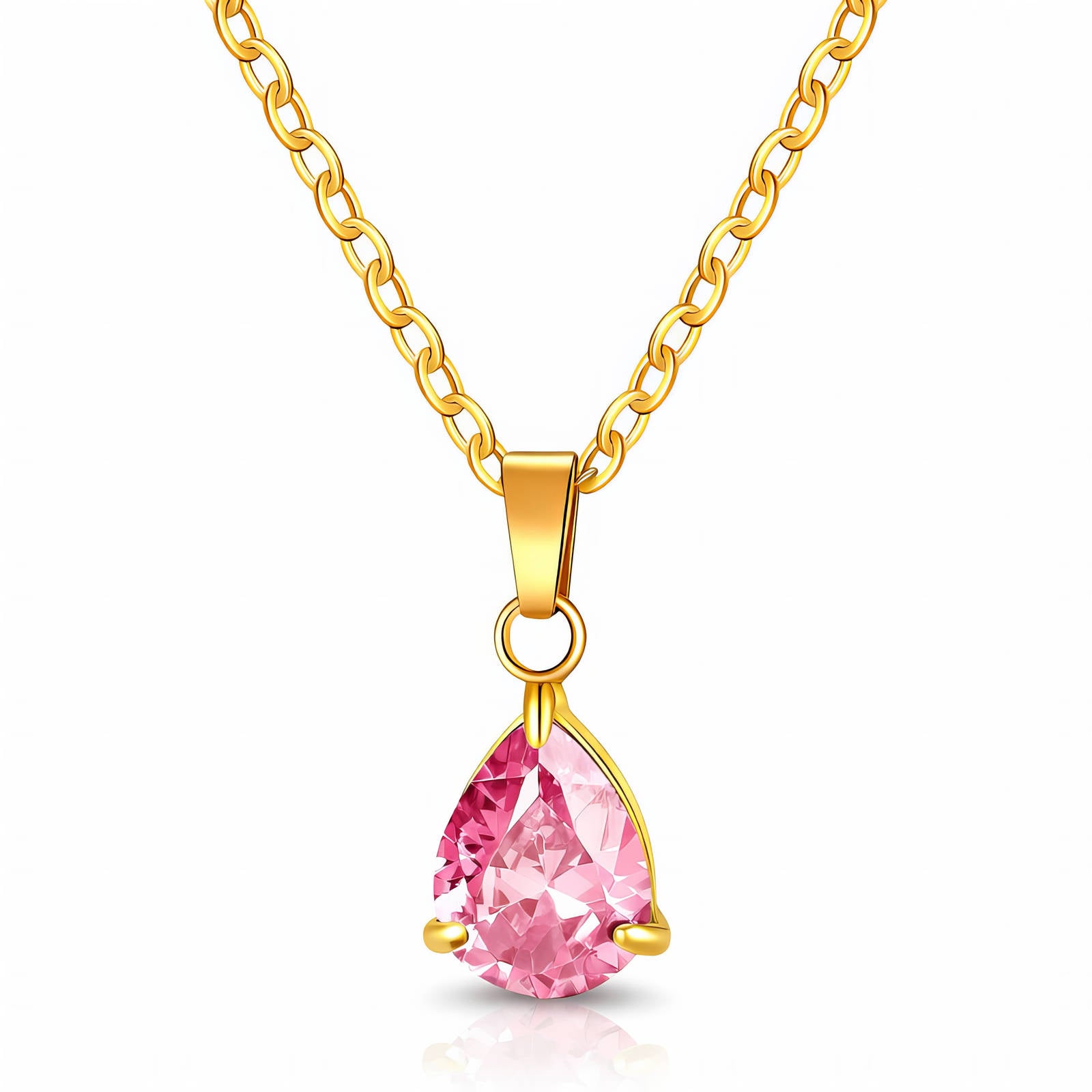 Gold necklace featuring a pink teardrop cubic zirconia pendant crafted from waterproof hypoallergenic stainless steel.