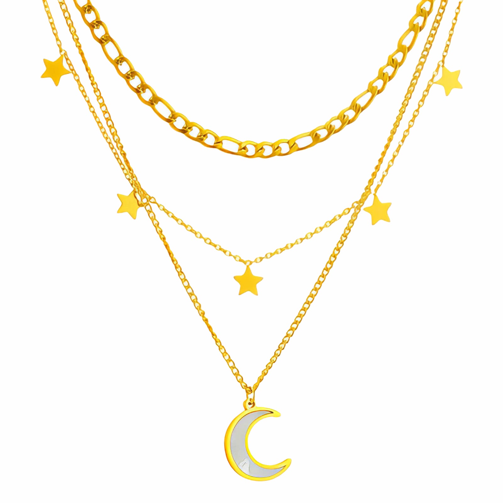 Layered gold necklace featuring a crescent moon pendant and star charms crafted from waterproof hypoallergenic stainless steel.